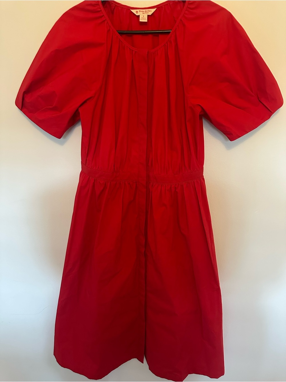 Brooks Brothers Red Cotton Blend Short Puff Sleeve Hidden Placket Midi Dress Sz